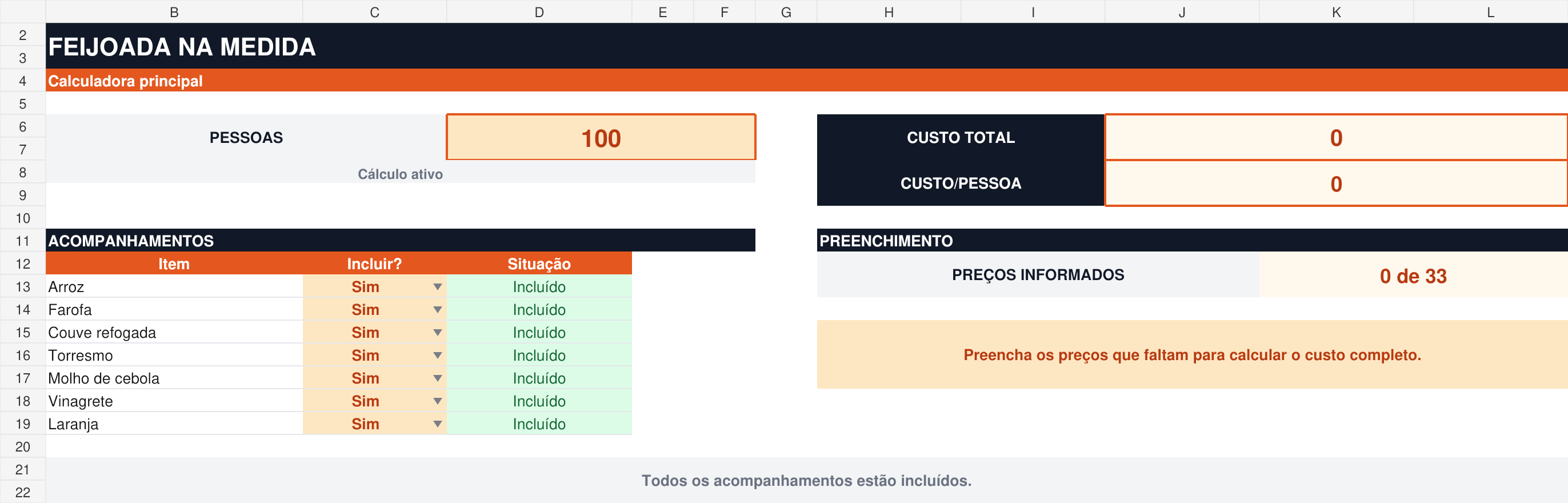 Tela principal real da calculadora, com quantidade de pessoas, custo e acompanhamentos